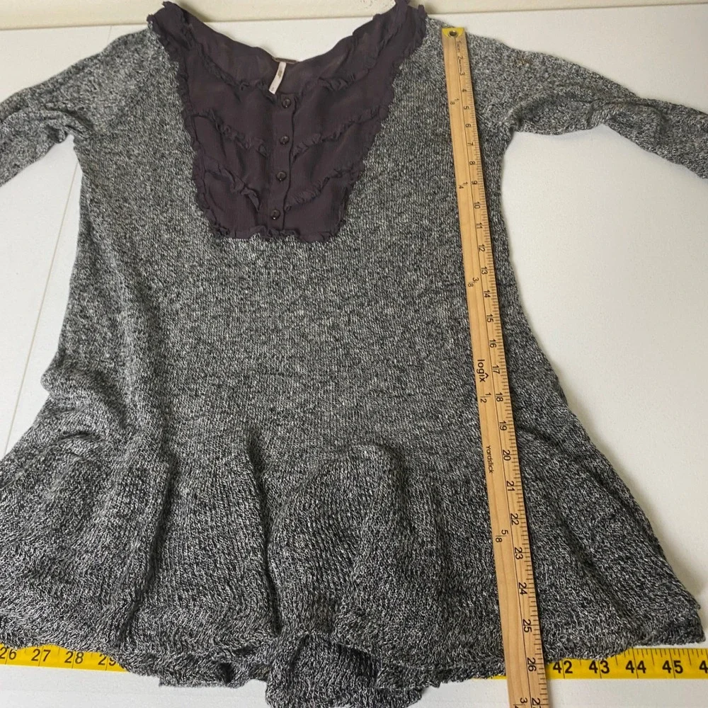 Free People Marled Knit Women Tunic S Grey Linen Ruffle Bib Button Peplum Top